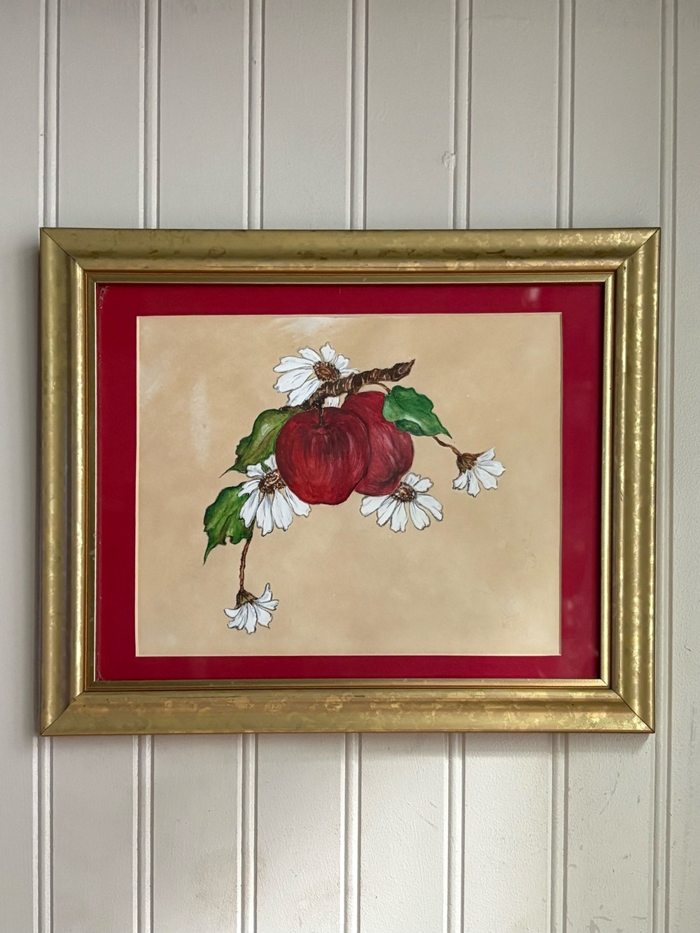 Vintage Original Acrylic Painting of Apples & Blossoms Red/Tan Framed VTG Granny